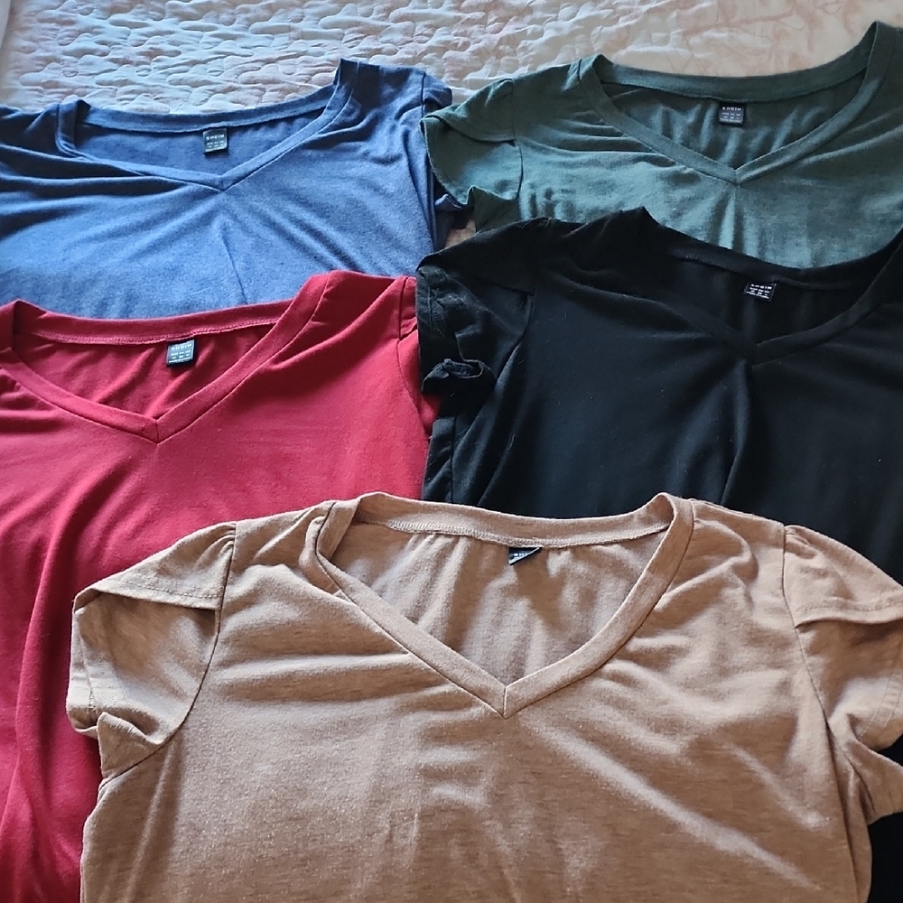 SHEIN Short Sleeve V-Neck Tops - Red, Blue, Green, Black, Tan